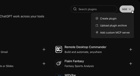 ChatGPT Plugins page with the Add menu open and Add custom MCP server highlighted
