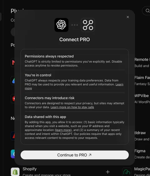 ChatGPT Connect PRO dialog with the Continue to PRO button