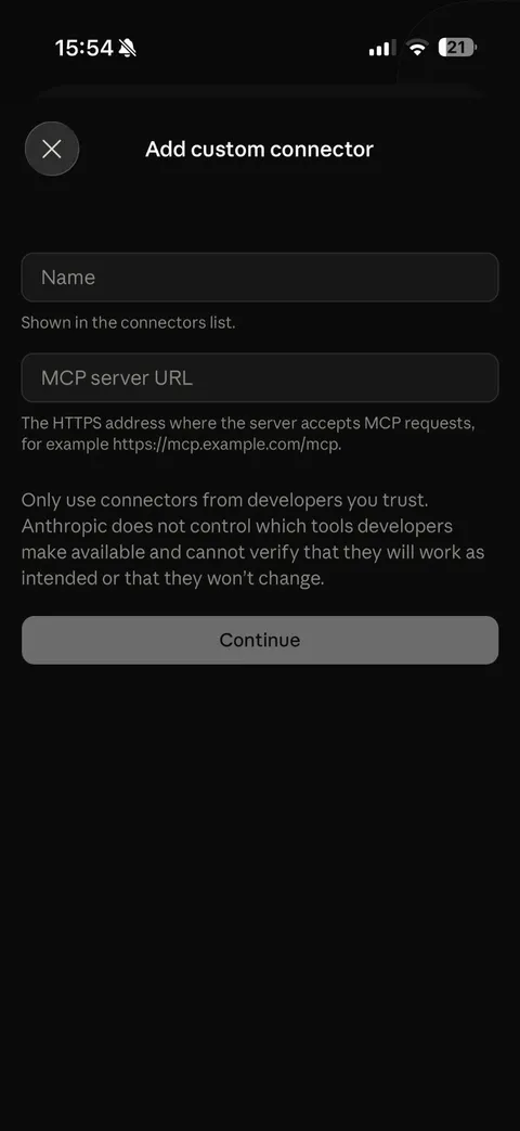 Claude iPhone app Add custom connector form with Name and MCP server URL fields