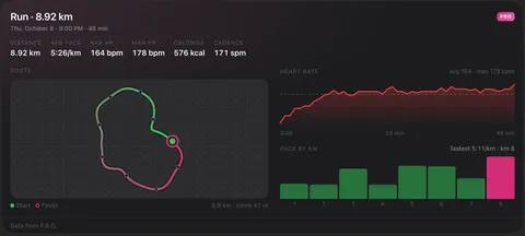 P.R.O. workout card in Claude: run with route map, heart rate and pace by kilometre