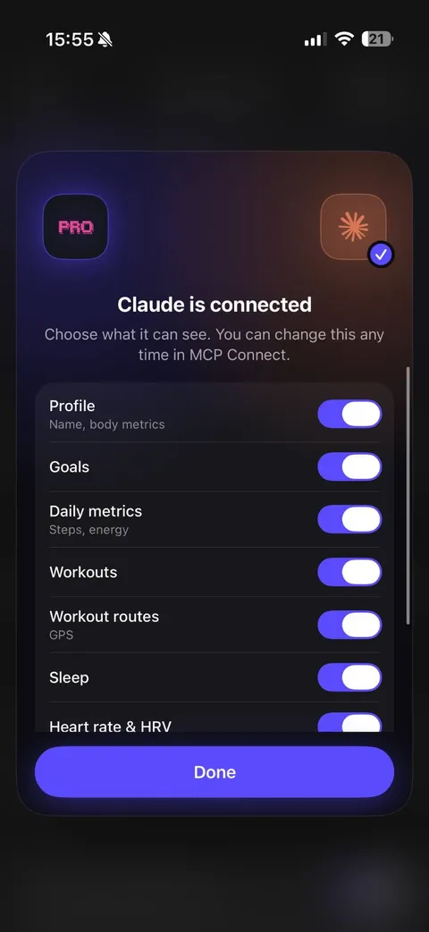 P.R.O. screen saying Claude is connected, with switches for profile, goals, daily metrics, workouts, routes, sleep and heart rate