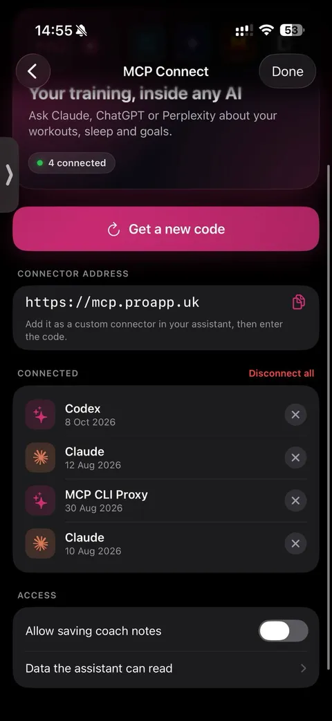 P.R.O. MCP Connect screen on iPhone listing Codex under Connected