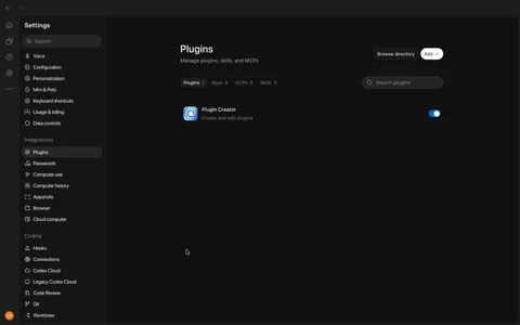 ChatGPT for Mac Settings with Plugins selected under Integrations and the Add button top right
