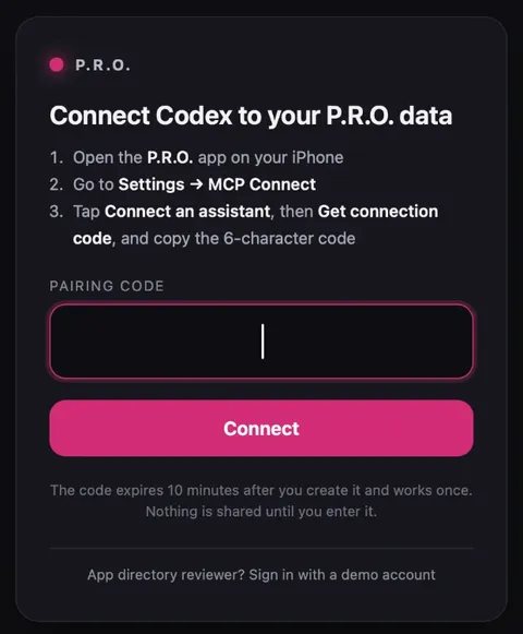 P.R.O. sign-in page: Connect Codex to your P.R.O. data, with a pairing code field and Connect button