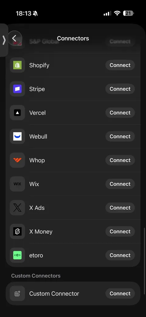 Grok iPhone app Connectors list with Custom Connector and a Connect button at the bottom