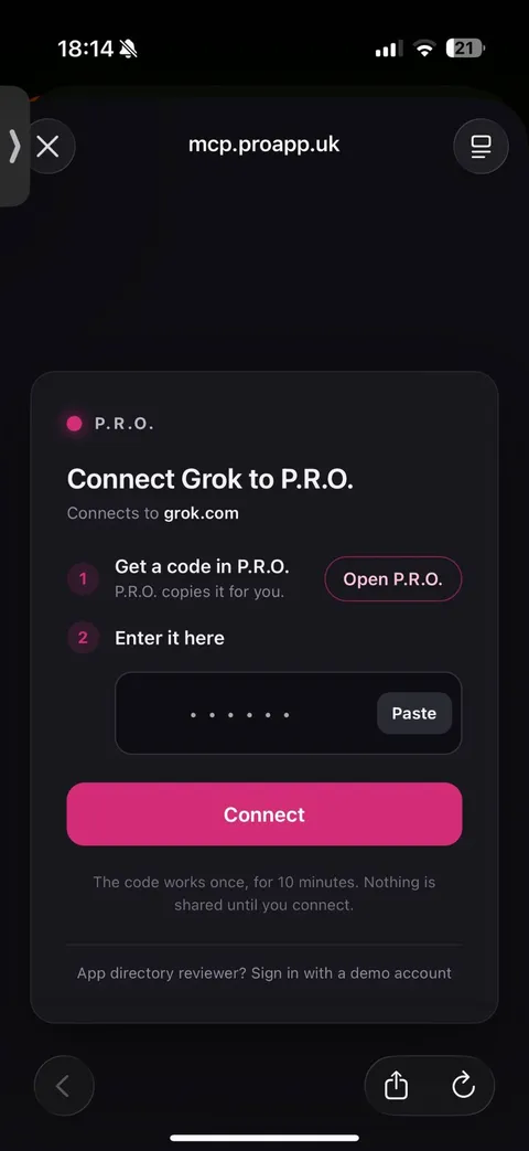 P.R.O. authorization page: Connect Grok to P.R.O., with Open P.R.O., a code field, Paste and Connect