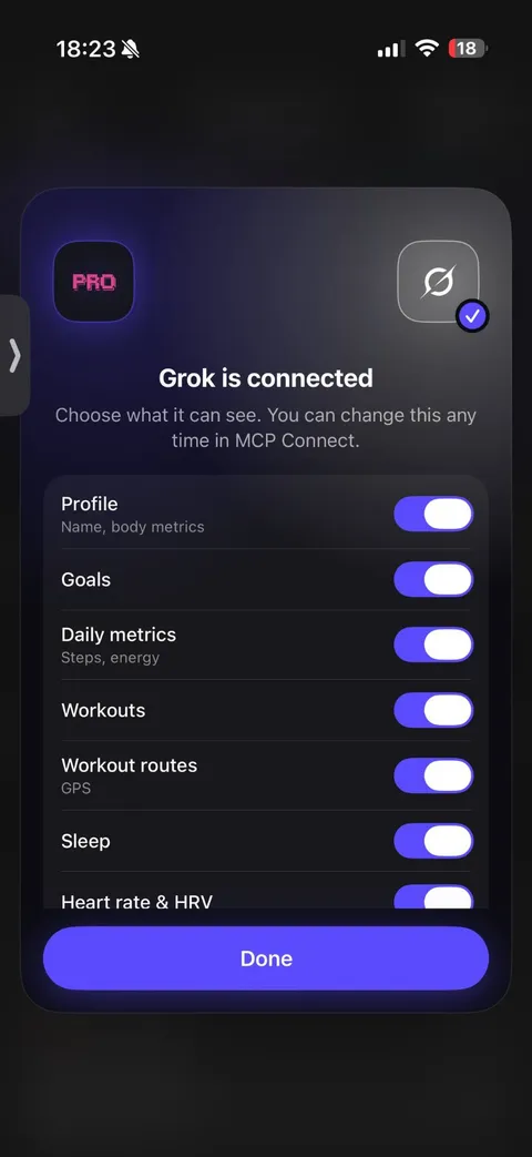 P.R.O. screen saying Grok is connected, with data switches